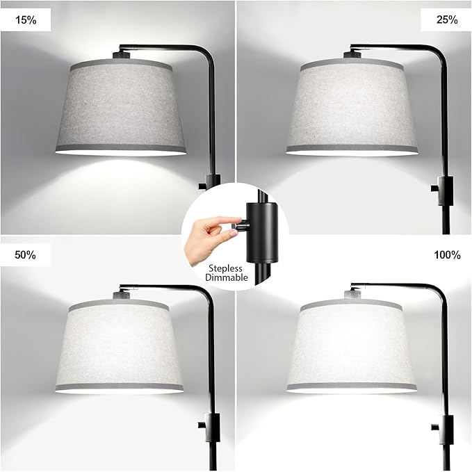【Upgraded】 Dimmable Floor Lamp, 1000 Lumens LED Edison Bulb Included, Arc Floor Lamps for Living Room Modern Standing Lamp with Gray Shade, Tall Lamps for Living Room Bedroom Office Dining Room