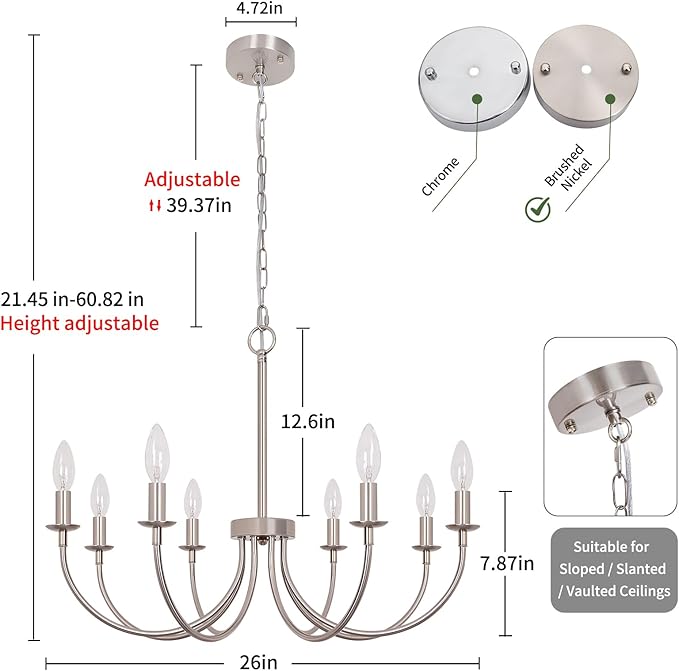 8-Light Farmhouse Chandelier, Brushed Nickel Dining Room Light Fixtures, Industrial Modern Candle Chandeliers for Living Room, Bedroom, Foyer, Kitchen, Entryway