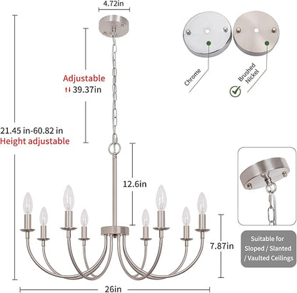 8-Light Farmhouse Chandelier, Brushed Nickel Dining Room Light Fixtures, Industrial Modern Candle Chandeliers for Living Room, Bedroom, Foyer, Kitchen, Entryway