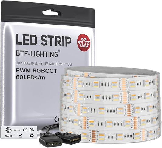 BTF-LIGHTING RGBCCT 5 Colors in 1 LED 5050SMD RGBWW RGB+Dimmable Tunable Color Temperature 2700K-6500K 16.4ft 60LEDs/m 300LEDs DC12V Multi-Colored Tape Lights IP67 White PCB(No Adapter or Controller)
