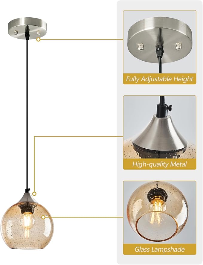 Light Brown Glass Pendant Lights Kitchen Island Globe Pendant Light Fixtures Modern Pendant Lighting for Bedroom Living Dining Room Light Fixture (5.9 in, 1 Pack)