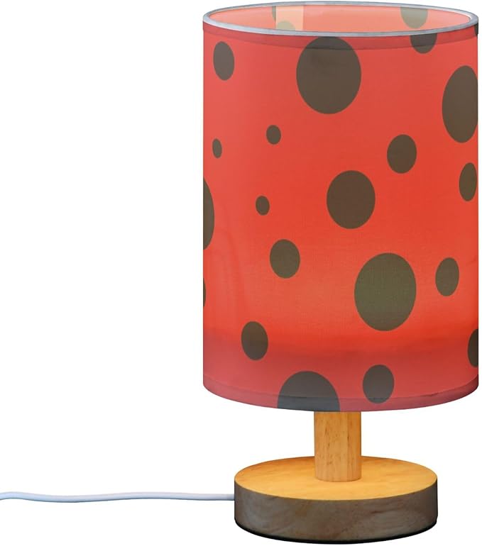 Ladybug Pattern Black Spots on Red Table Lamp with Wood Base Fabric Lamp Shade Bedside Nightstand Desk Lamp for Living Room Bedroom Kids Room Office