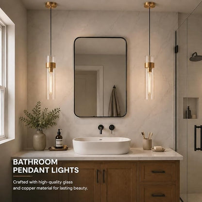 Modern Glass Brass Pendant Lights Kitchen Island, Adjustable Cord Pendant Light Fixtures, Kitchen Pendant Lighting Over Island, Indoor Chandelier for Bedroom Bathroom, Included Bulb