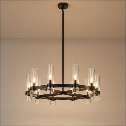 32 Inch Black Cross Wagon Wheel Chandelier with Glass Shades, 10 Lights X-Frame Farmhouse Chandelier, Modern Rustic Pendant Light for Dining Room, Kitchen Island, Entryway