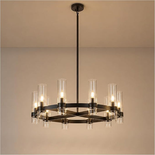 32 Inch Black Cross Wagon Wheel Chandelier with Glass Shades, 10 Lights X-Frame Farmhouse Chandelier, Modern Rustic Pendant Light for Dining Room, Kitchen Island, Entryway