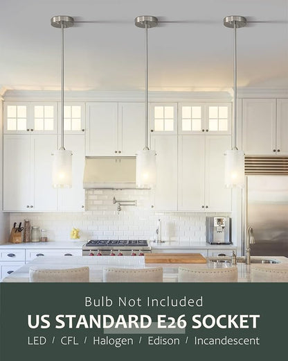 1-Light Mini Pendant Light Fixtures, Modern Chandelier Hanging Ceiling Light with White Frosted Shade, Brushed Nickel Pendant Lighting for Kitchen Bedroom Hallway, Adjustable Height, 2 Pack
