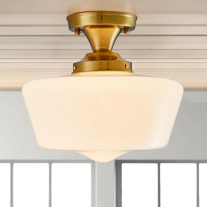 youngrender Semi Flush Mount Ceiling Light, Gold Schoolhouse Milk Glass Light Fixture, Vintage Brass Farmhouse Ceiling Light for Kitchen Hallway Entryway Bedroom Dining Room, E26