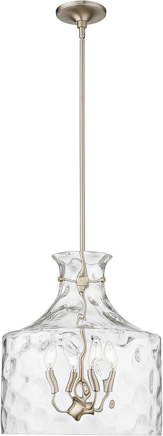 ML Lighting | Santorini Collection | 22604-MG | Indoor 4 Light Metal Pendant in Modern Gold with Water Glass Shade | Kitchens, Dining Rooms, Living Rooms, Entryways, Hallways