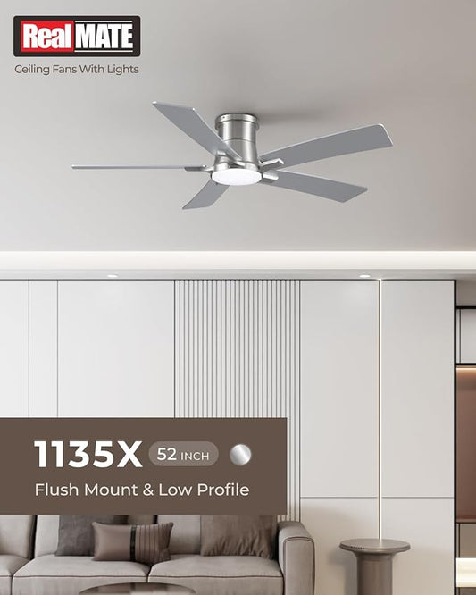 52 Inch Ceiling Fans with Lights and Remote, Nickel Low Profile Ceiling Fan, Flush Mount Style with 5 Blades, For Indoor Bedroom Living Room/Outdoor, 6 Speed Reversible DC Motor, 3CCT Dimmable LED