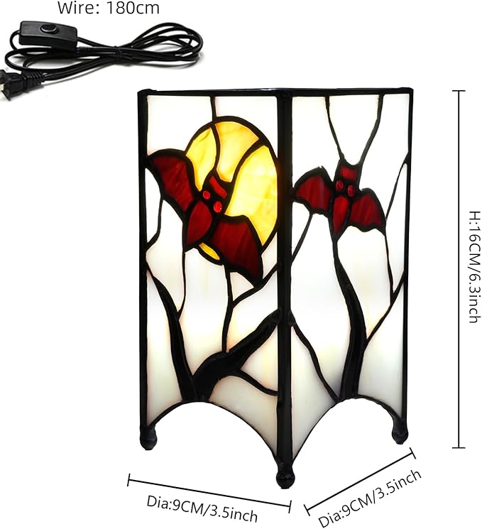 Tiffany Lamp Halloween Red Bat in Moon Small Bedside Lamp Antique Style Stained Glass Desk Light for Home Decor Boys Girls Christmas Halloween Gifts