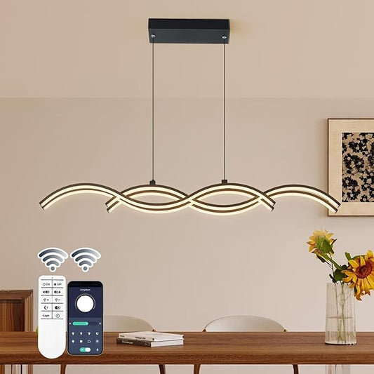 ORANOOR Modern LED Pendant Lights, Dimmable 39in Linear Wave LED Chandelier Lighting, Black Dining Room Hanging Light Fixtures Kitchen Island Linear Pendant Light for Dining Table (4200lm,Upgraded)