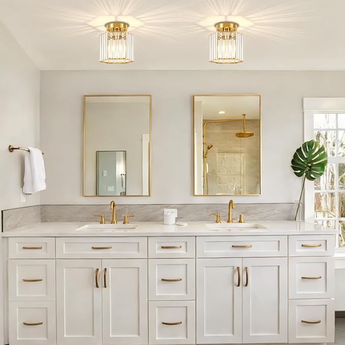 TOULMJ 2 Pack Brushed Gold Ceiling Lights, Modern Crystal Semi Flush Mount Kitchen Ceiling Lighting Fixtures Hallway Ceiling Lamp for Bathroom Bedroom Laundry Room Entryway Foyer Lighting