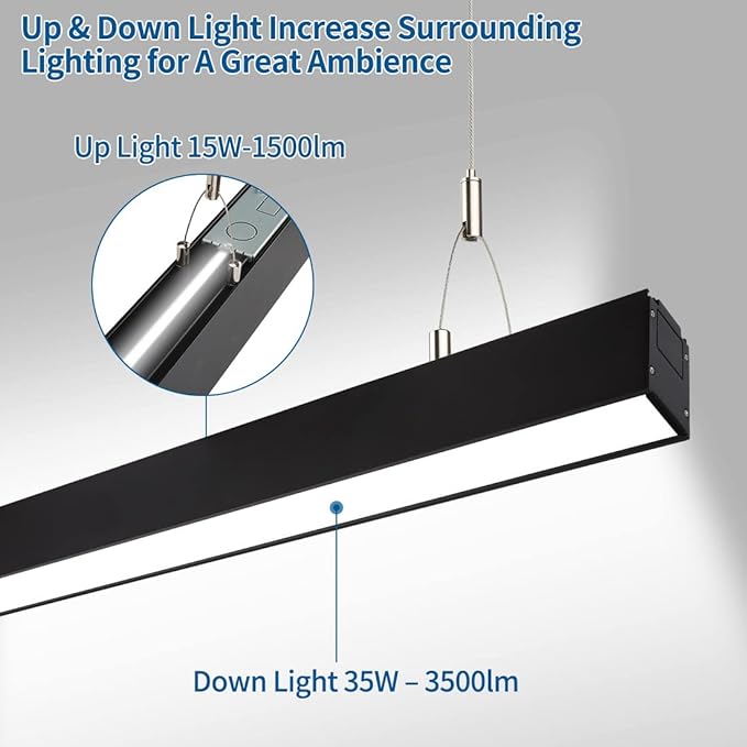 DAKASON 4FT LED Linear Lights 35W Down 15W Up Light, 4 Feet Commercial Shop Lighting for Office, 3/4/5000K Selectable, Dimmable Suspended 4’ Architectural Fixture for Gym, Retail, 4 Pack Black