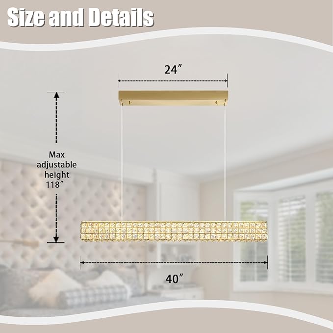 ykolupty Rectangle Crystal Chandelier Modern Gold Crystal Chandelier Rectangular Pendant Lighting Fixture for Dining Room Kitchen Island Bedroom (L 40")