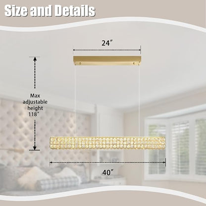 ykolupty Rectangle Crystal Chandelier Modern Gold Crystal Chandelier Rectangular Pendant Lighting Fixture for Dining Room Kitchen Island Bedroom (L 40")