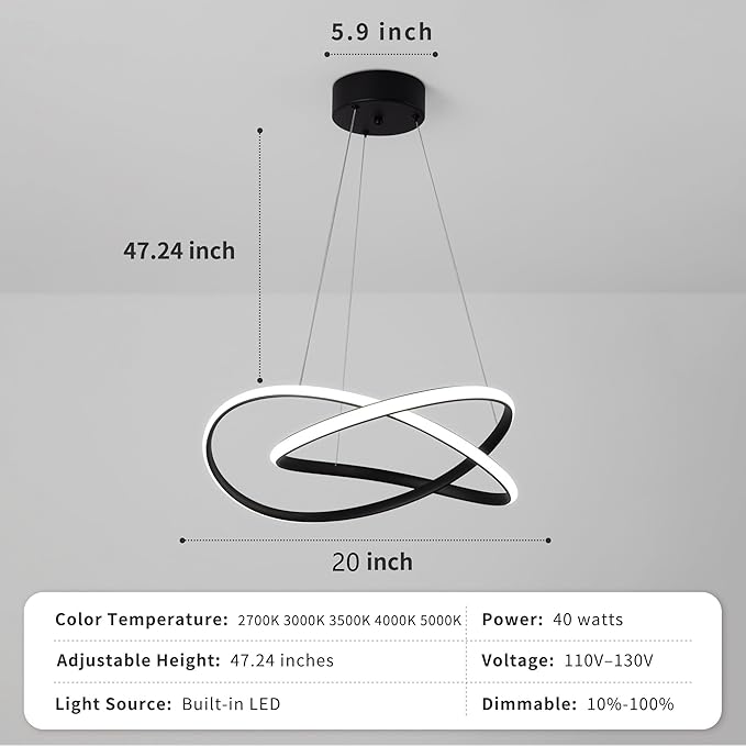 Modern Chandelier Dimmable Pendant Light Fixture,5CCT/2700K/3000K/3500K/4000K/5000K ,Adjustable Modern LED Chandeliers for Dining Room Kitchen Entryway Living Room Bedroom (Black-5CCT, 20 Inches)