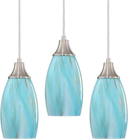 karyfine Mini Art Glass Pendant Lights Kitchen Island,Handcrafted Teal with Gold Glass Ceiling Pendant Lighting Brushed Nickel Adjustable Cord Hanging Lamp Cover for Coffe Bar,Dining Room 3pack
