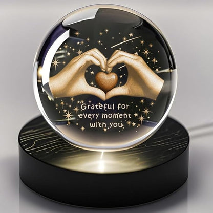 3D Heart Hand Crystal Ball Grateful Gifts for Women Mom Wife, Engraved Heart Hands 2.36" Glass Sphere Night Light for Mothers Day Gift Boyfriend Girlfriend Anniversary