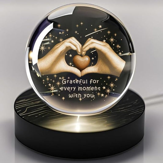 3D Heart Hand Crystal Ball Grateful Gifts for Women Mom Wife, Engraved Heart Hands 2.36" Glass Sphere Night Light for Mothers Day Gift Boyfriend Girlfriend Anniversary