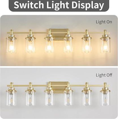 Brushed Brass 6-Light Vanity Light Fixtures with Clear Glass Shades Over Mirror for Bathroom, Living Room, Hallway
