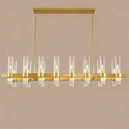 Gold Linear Chandeliers for Dining Room, 54" Rectangle Chandelier with Glass, 16-Light Modern Chandeliers Over Table, Farmhouse Chandelier for Kitchen Island, Industrial Pendant Light Fixtures