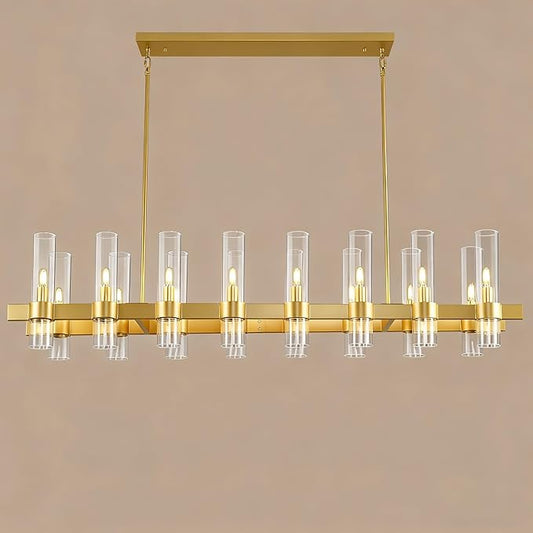 Gold Linear Chandeliers for Dining Room, 54" Rectangle Chandelier with Glass, 16-Light Modern Chandeliers Over Table, Farmhouse Chandelier for Kitchen Island, Industrial Pendant Light Fixtures