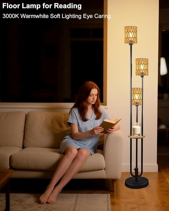 63IN Dimmable Floor Lamp with Shelf, Black Rattan Tall Standing Lamps Candle Holder Style, 3000K Warmwhite Mid Century Modern Floor Lamp with 5Lbs Heavy Base for Living Room (Bulbs Included)