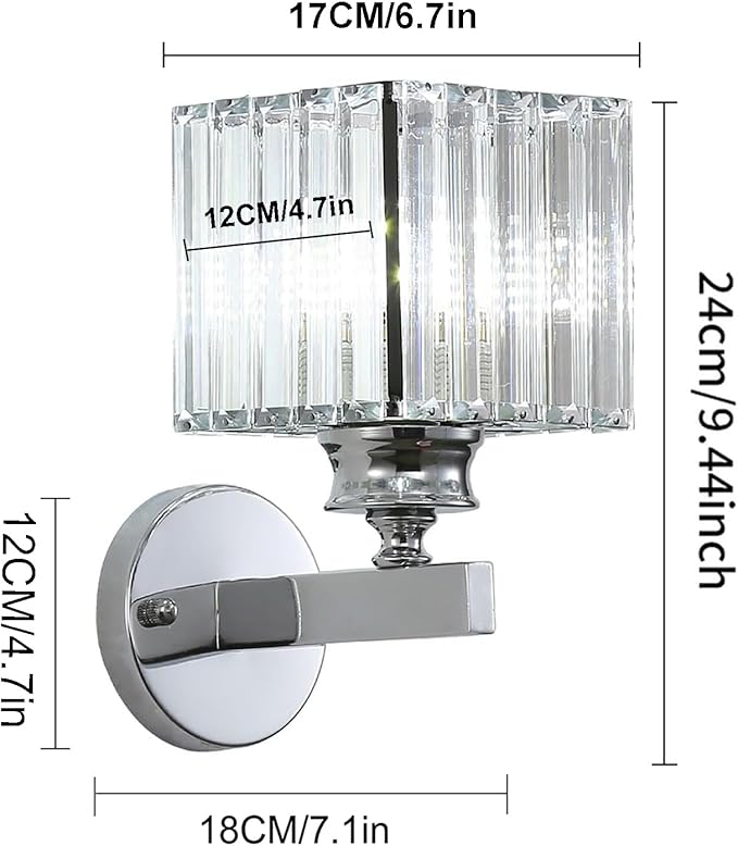 Hardwired Crystal Wall Sconces, Modern E27 Wall Lights, Silver Square Finish Wall Lamp for Living Room Bedroom Dining Room Hallway Entryway (Silver Square)