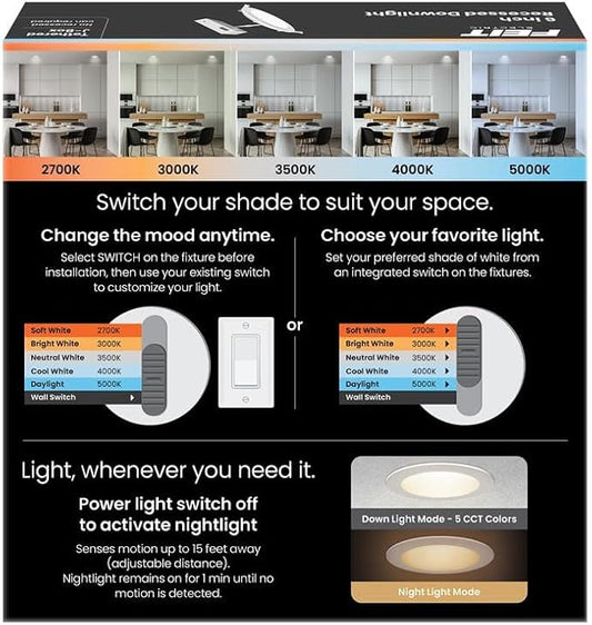 Feit Electric 6" Canless LED Recessed Downlight, 65-Watt Eq., Dimmable, Rechargeable Motion-Activated Night Light, Adjustable White, Low-Profile Design for Indoor/Outdoor Use, LEDR6XT/MOBAT/6WYCA