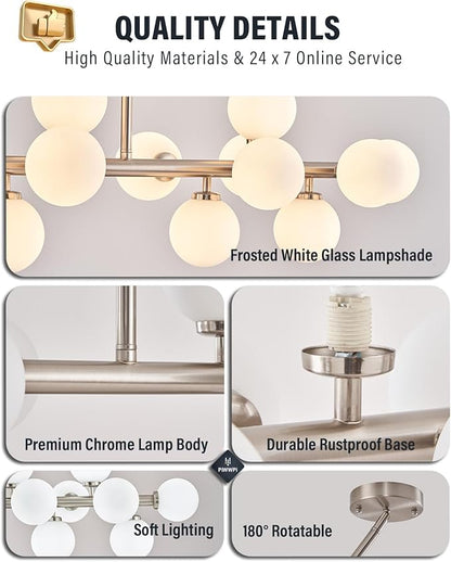 Glass Globe Sputnik Chandelier, 16-Light Mid Century Modern Light Fixture Over Table, Linear Chandeliers for Dining Room, Kitchen Island, Nickel and Milk White Bubble, 40 Inch, GC-02