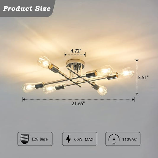 ZGLAOJT 6-Lights Semi Flush Mount Ceiling Light Fixture，Chrome Industrial Chandelier，Farmhouse Lighting for Dining Room Living Room Kitchen Bedroom