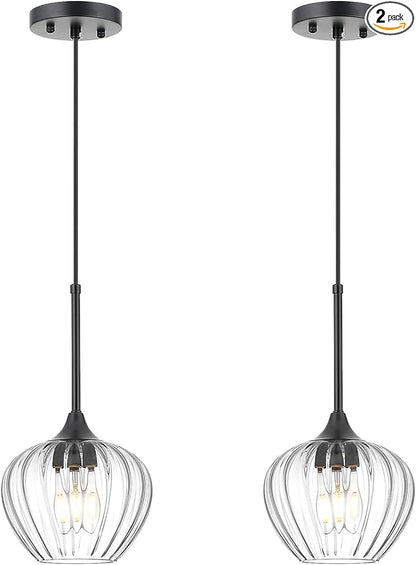 2Pack Glass Pendant Light Kitchen Island, 7inch Modern Black Pendant Lights Fixture Small Farmhouse Pendant Hanging Lighting for Dining Room Sink Bathroom Bar Restaurant