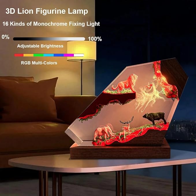 Handmade 3D Lion Resin Lamp,The King of The Forest Figurine Lamp, Animals Resin Night Light with RGB LED Light, Home Office Decor, Unique Anime Gifts for Him Her Kids on Birthday Holiday (6" x 4")