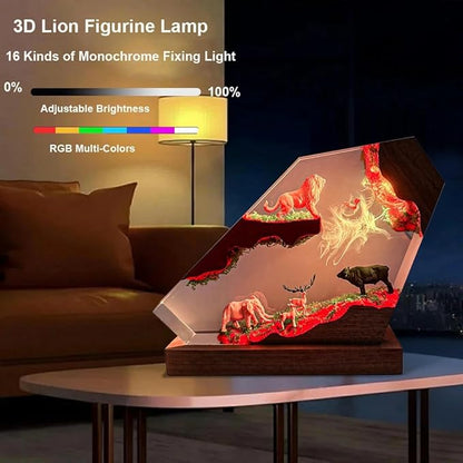 Handmade 3D Lion Resin Lamp,The King of The Forest Figurine Lamp, Animals Resin Night Light with RGB LED Light, Home Office Decor, Unique Anime Gifts for Him Her Kids on Birthday Holiday (6" x 4")