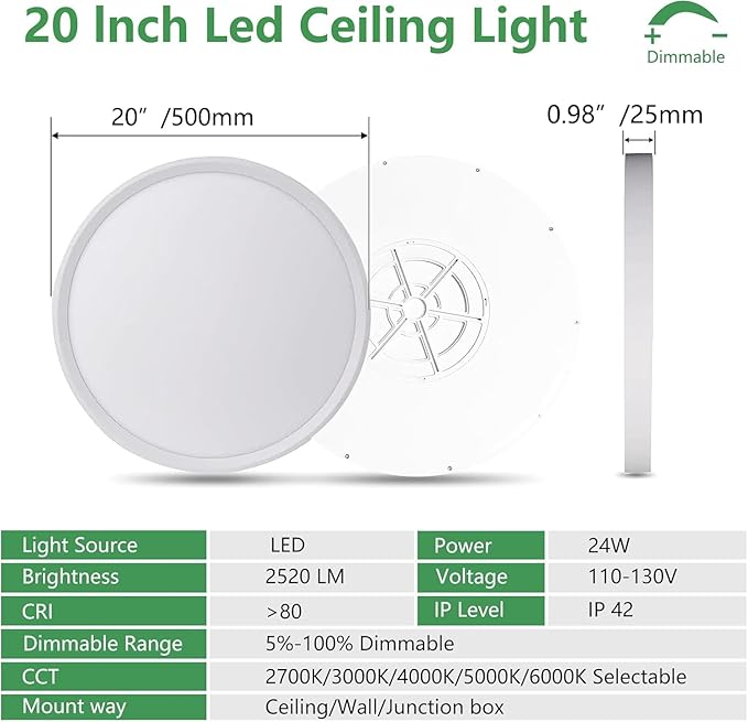 20 Inch Dimmable LED Flush Mount Ceiling Light,40W,4350LM, 2700K/3000K/4000K/5000K/6000K CCT Selectable,Round Flat Panel Light Low Profile Ceiling Light Fitures for Hallway/Kitchen/Bedroom