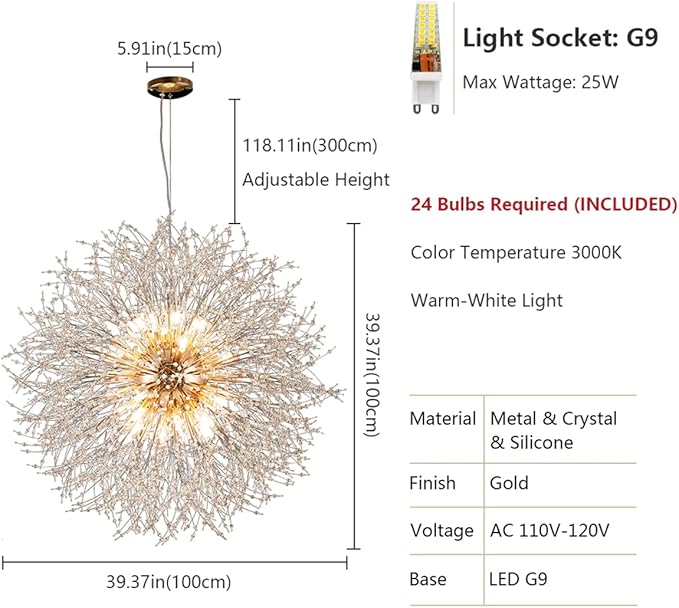 Modern Crystal Chandelier Gold, 24-Light Large Firerwork Chandelier for Living Room, 39.3" Crystal Sputnik Pendant Lighting for Entry Hallway Foyer