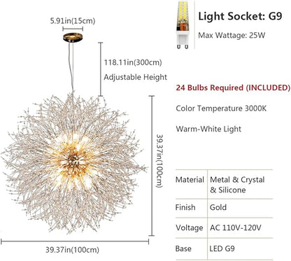 Modern Crystal Chandelier Gold, 24-Light Large Firerwork Chandelier for Living Room, 39.3" Crystal Sputnik Pendant Lighting for Entry Hallway Foyer