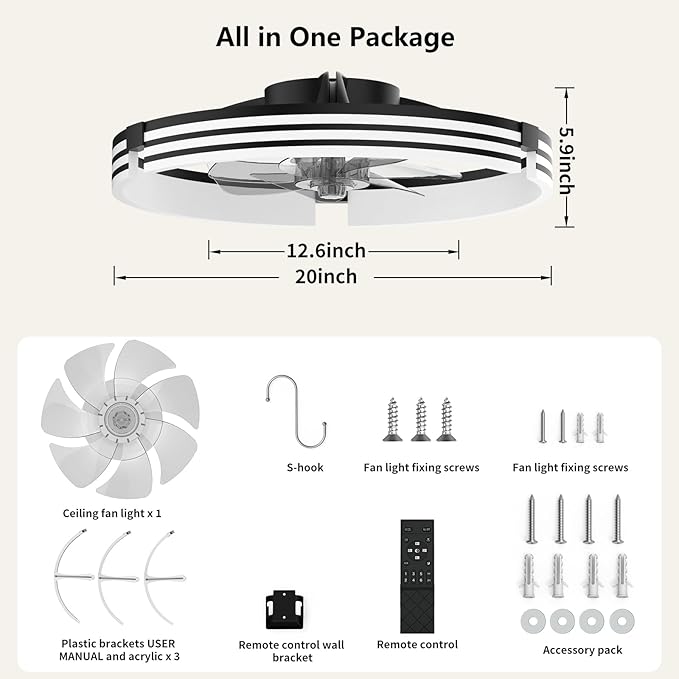 Ceiling Fans with Lights and Remote, 19.7" Black Low Profile Ceiling Fan, Modern Flush Mount LED Fan Light, 6 Wind Speeds Fandelier Ceiling Fan with Light for Bedroom, 3000-6500K Dimmable