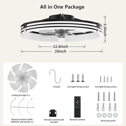 Ceiling Fans with Lights and Remote, 19.7" Black Low Profile Ceiling Fan, Modern Flush Mount LED Fan Light, 6 Wind Speeds Fandelier Ceiling Fan with Light for Bedroom, 3000-6500K Dimmable