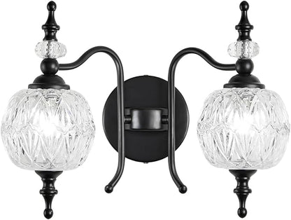 Vintage Crystal Bathroom Wall Sconces Black 2-Light Antique Vanity Light Fixtures Retro Wall Sconce Light with Crystal Glass Shade for Bathroom Bedroom Dinning Room