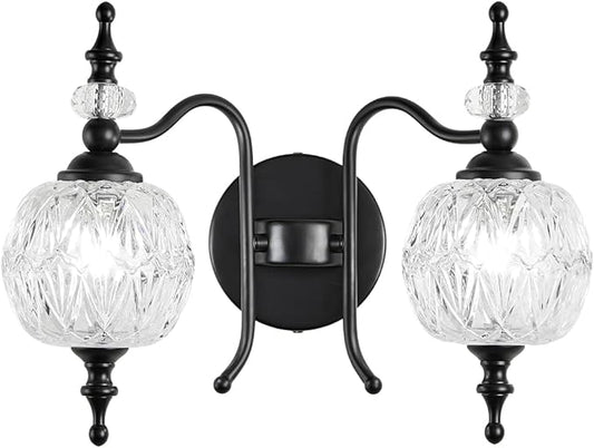 Vintage Crystal Bathroom Wall Sconces Black 2-Light Antique Vanity Light Fixtures Retro Wall Sconce Light with Crystal Glass Shade for Bathroom Bedroom Dinning Room