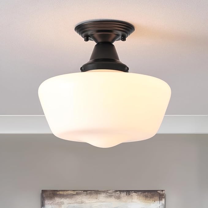 Schoolhouse Light Fixture, 12 Inch Black Finish with Milk Glass Semi Flush Mount Ceiling Light, Ceiling Light Fixture for Kitchen Hallway Entryway