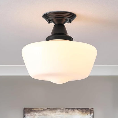 Schoolhouse Light Fixture, 12 Inch Black Finish with Milk Glass Semi Flush Mount Ceiling Light, Ceiling Light Fixture for Kitchen Hallway Entryway