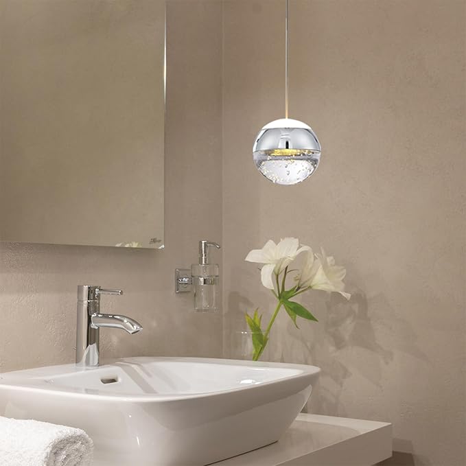 JoollySun Modern Crystal Pendant Light: Chrome Mini Globe Hanging Light Fixture for Kitchen Island Bathroom