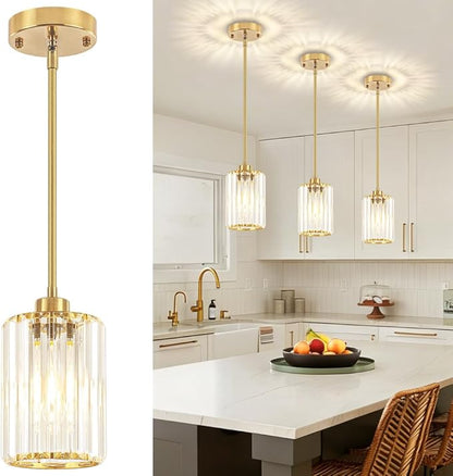 Modern Crystal Pendant Lights Kitchen Island, Brushed Brass Pendant Lighting Over Island Kitchen Hanging Light Fixtures Adjustable Mini Pendant Light for Dining Room Bathroom Entryway Hallway Foyer