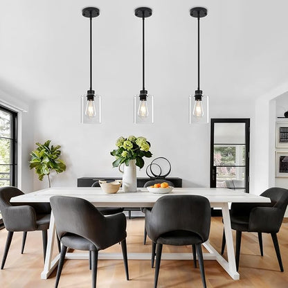 3 Pack Black Pendant Lights Kitchen Island, Modern Glass Pendant Lighting Over Island Kitchen Hanging Dining Room Light Fixtures Adjustable Pendant Lights for Bathroom Hallway Entryway Bedroom