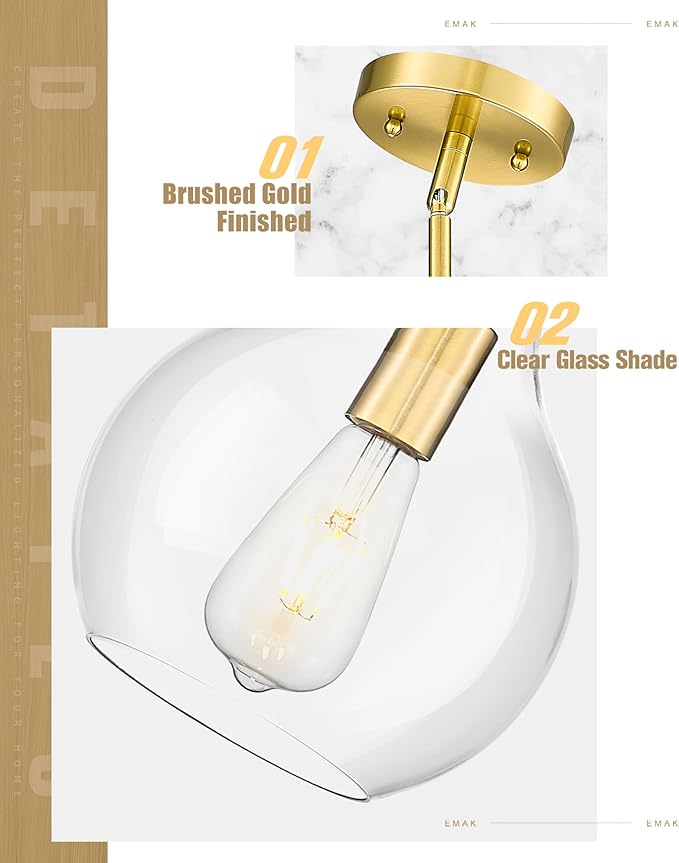 Emak Brushed Gold Pendant Light Fixtures, Modern Glass Pendant Lights Kitchen Island, 2 Pack 8 Inch Hanging Lights for Kitchen, Bathroom, Bedroom, Dining Room, PL125-BGD-2PK