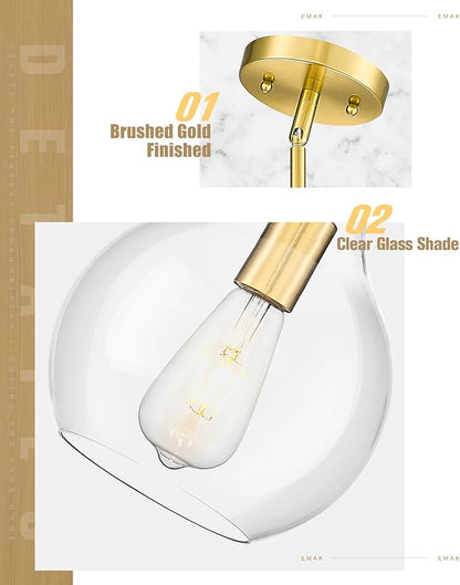 Emak Modern Brushed Gold Pendant Light, 8 Inch Pendant Lights Kitchen Island with Clear Glass Shade, Modern Hanging Light Fixture for Kitchen, Bathroom, Bedroom, Dining Room, PL125-BGD