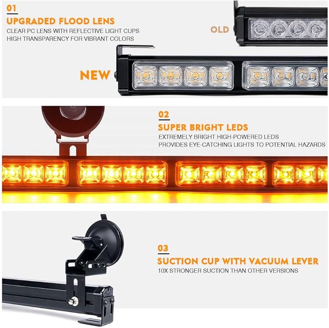 Xprite 35.5" Traffic Advisor Light Bar, LED Emergency Strobe Lights with 21 Flash Patterns, Suction Mount & Cigarette Plug, Strobe Lights for Trucks, SUV, Car - Amber