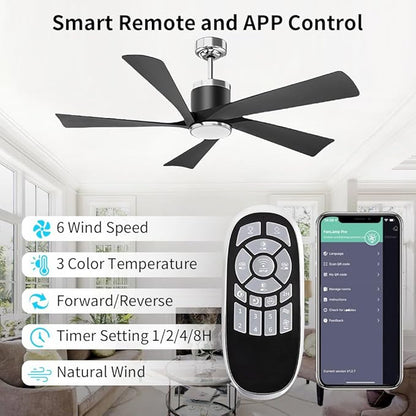 TXCSLY 52'' Ceiling Fans with Lights, Modern Ceiling Fan with Remote Control, Indoor Outdoor Ceiling Fan for Living Room,Bedroom 5 Blade 3 Color Tempearture (Black)